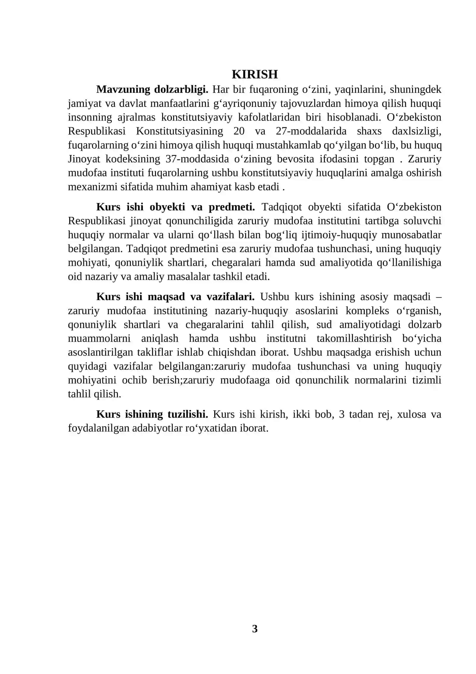 "Jinoyatda zaruriy mudofaa" KURS ISHI 3