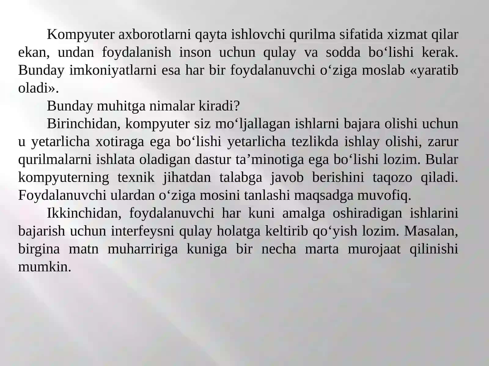 Kompyuter foydalanuvchiga qulay muhitni tashkil etish 3