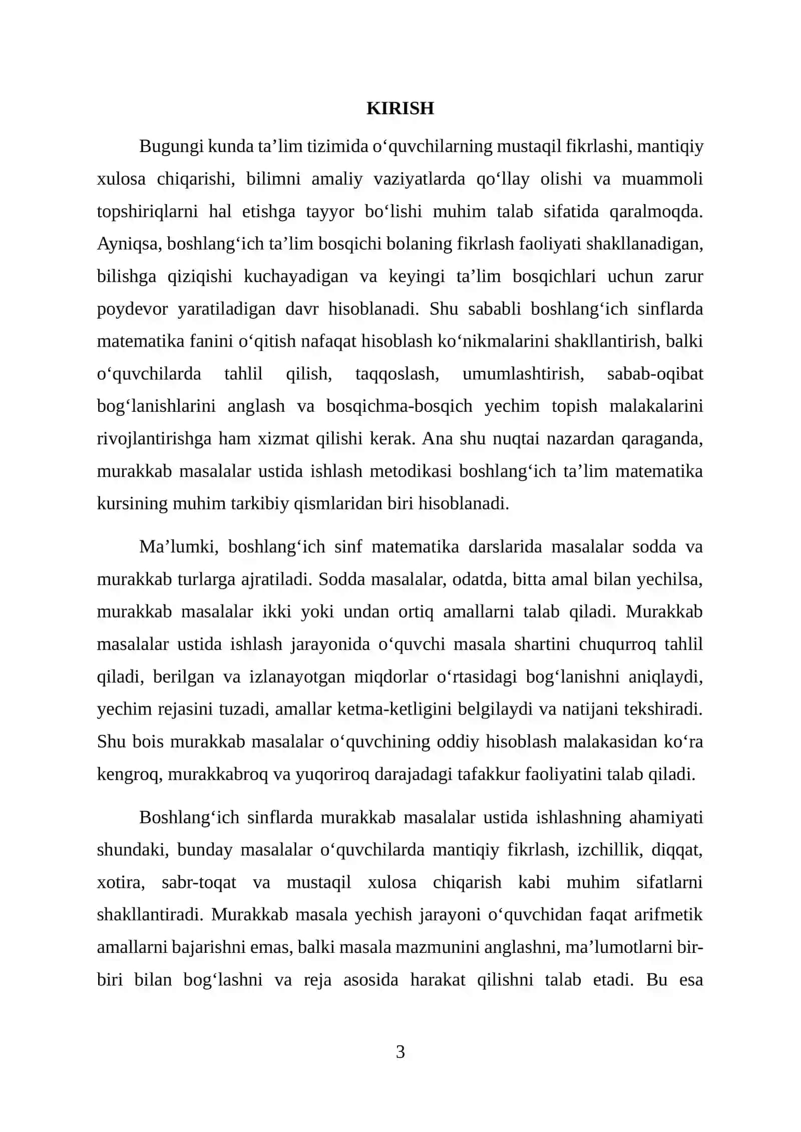 BOSHLANG‘ICH SINFLARDA MURAKKAB MASALALAR USTIDA ISHLASH 3