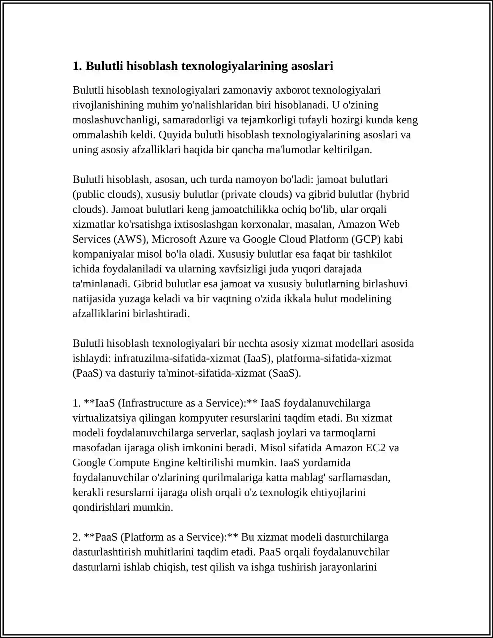 MUSTAQIL ISH Mavzu: IQTISODIY AXBAROTLARNI QAYTA ISHLASH JARAYONIDA BULUTLI FOYDALANISH TEXNOLOGIYALARI 3