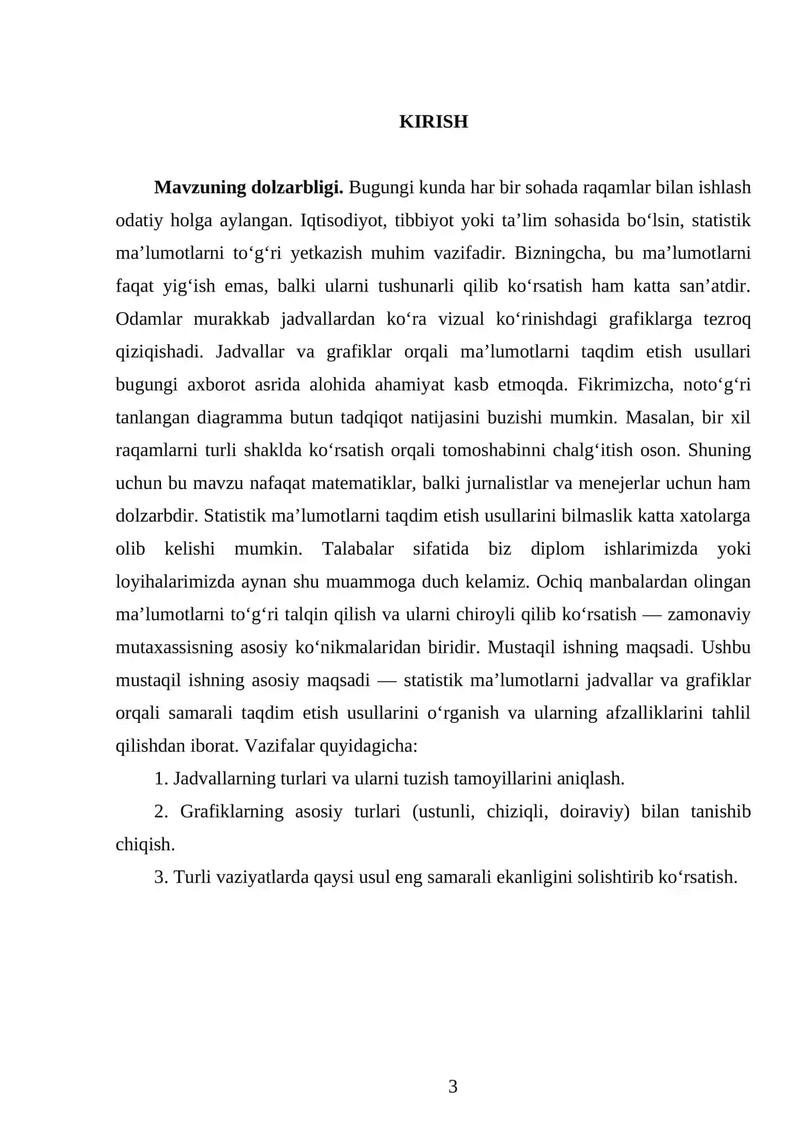 Statistik ma’lumotlarni taqdim etish usullari. Jadvallar va grafiklar 3
