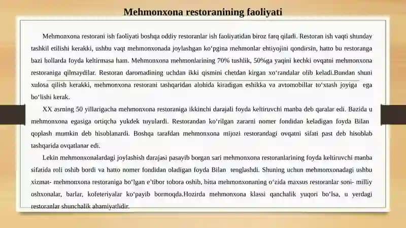 Mehmonxonalarda ovqatlanish xizmatini tashkil etish 3