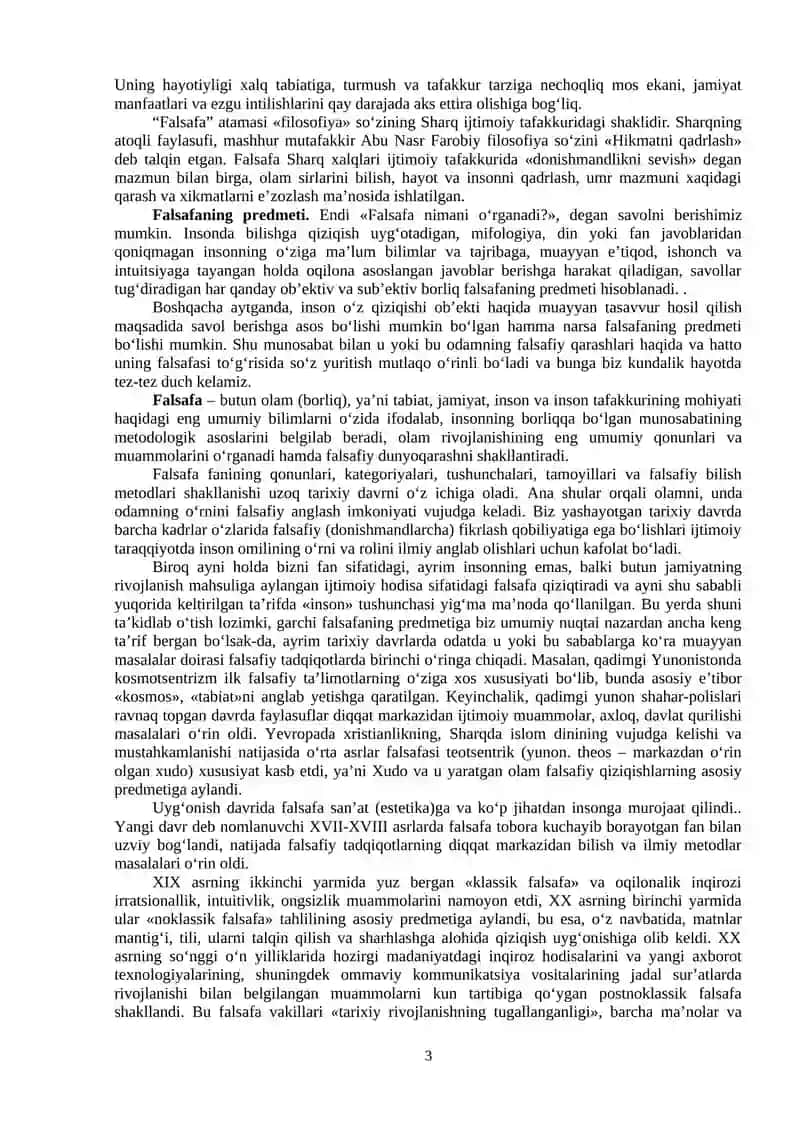 Falsafa va uning jamiyat hayotidagi roli. 
Ma’ruza rejasi: 3