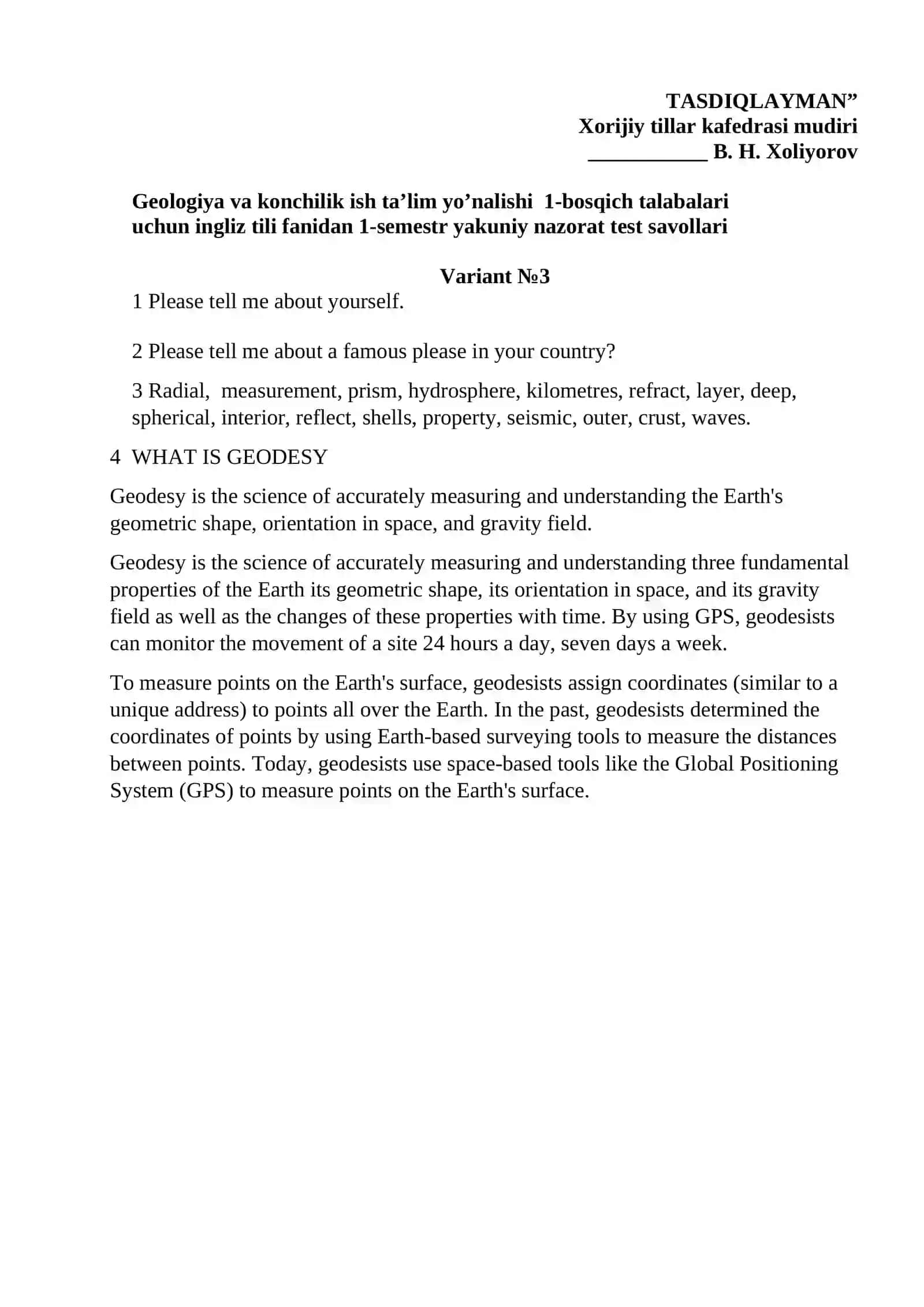 Geodesy Test Questions 3