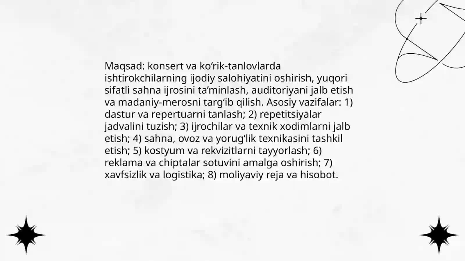 Konsert va koʻrik- tanlovlarda tayyorgarlik rejasini tuzish 3