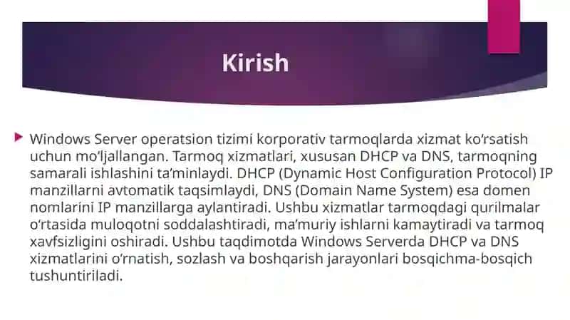 Windows Server operatsion tizimida tarmoq xizmatlarinioʻrnatishva sozlash (DHCP, DNS) 3