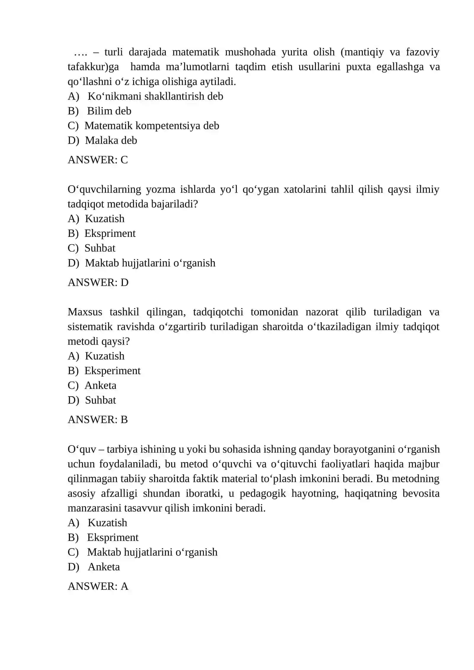 Matematika o‘qitish metodikasi fanidan  YADAK test savollari 3