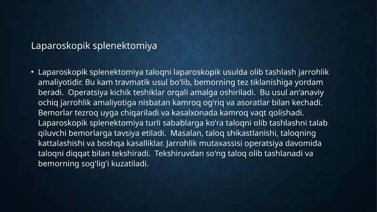 Laparoskopik splenektomiya. O‘t chiqarish yo‘llarining atreziyalarida operatsiyalar 3