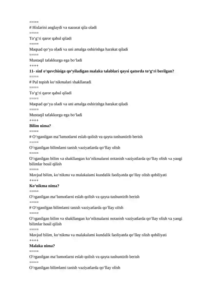 Tarbiya fanini o‘qitish metodikasi fanidan test 3