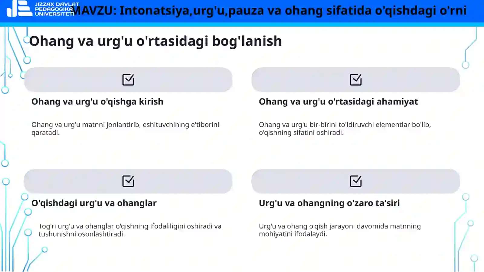Intonatsiya,urg'u,pauza va ohang sifatida o'qishdagi o'rni 3