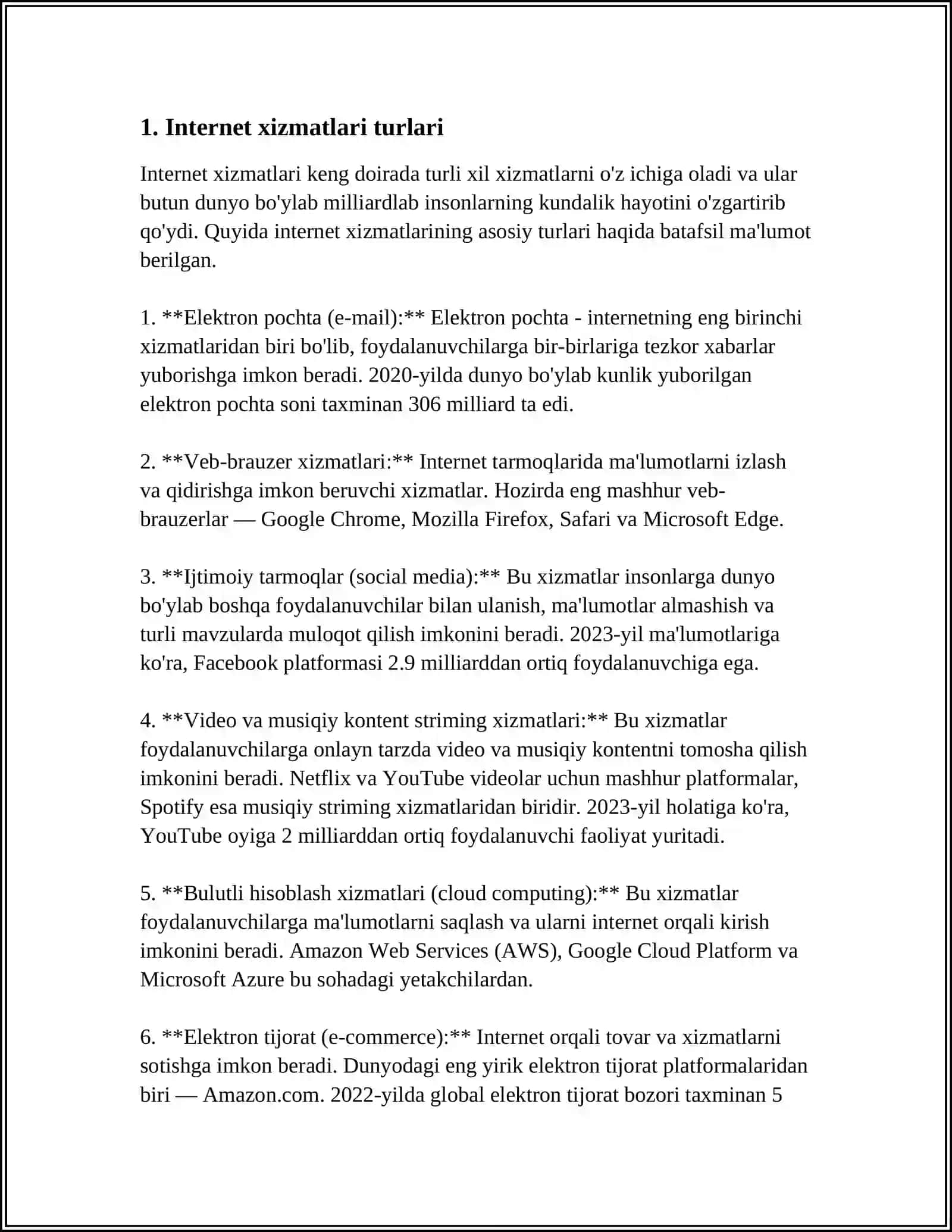 INTERNET XIZMATLARI: WWW, ELEKTRON POCHTA, FTP VA BOSHQA XIZMATLAR. INTERNET XAVFSIZLIGI VA AXBOROT HIMOYASI 3