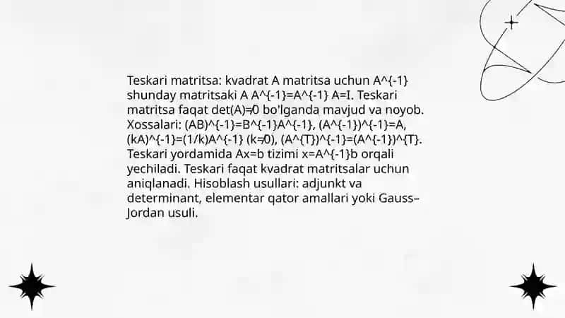 Chiziqli tenglamalar sistemasini teskari matritsa usulida yechish 3