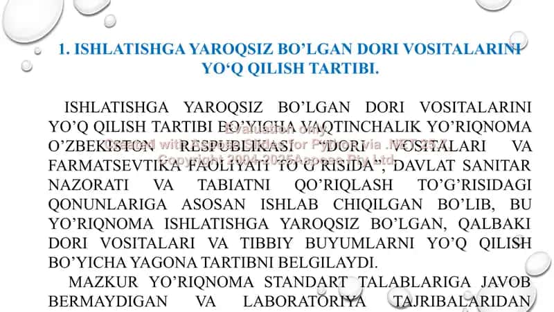 6. Nostandart dori vositalari va tibbiy buyumlarni yo’q qilish tartibi. Taqdimot 14 bet. 3