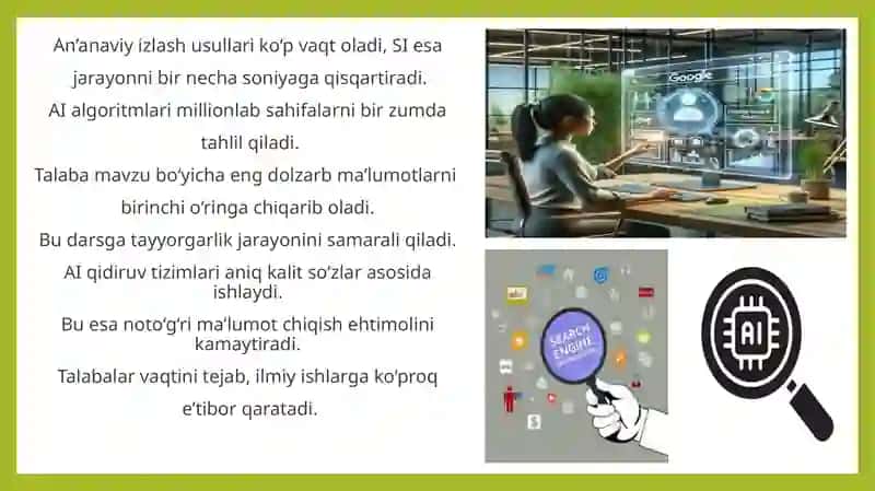 Sun'iy intellekt talabalarga axborot manbalarini topish va tekshirishda yordam berishi. 3