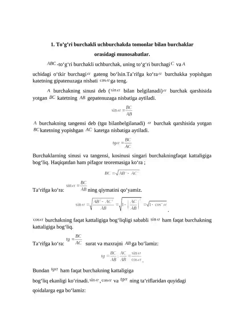 Uchburchaklar. Uchburchaklarda metrik munosabatlar. 3