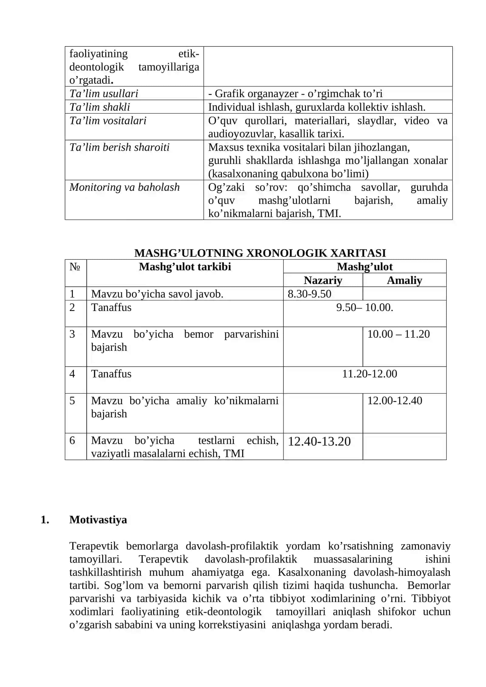 Tibbiyot deontologiyasi asoslari.Xozirgi zamon tibbiyotida yatrogeniya, evtanaziya muammolari. Muloqot turlari. Klinika faoliyati bilan tanishish. Davolash muassasalari faoliyatini tashkil etish. Bemorlar umumiy parvarishining mohiyati 3