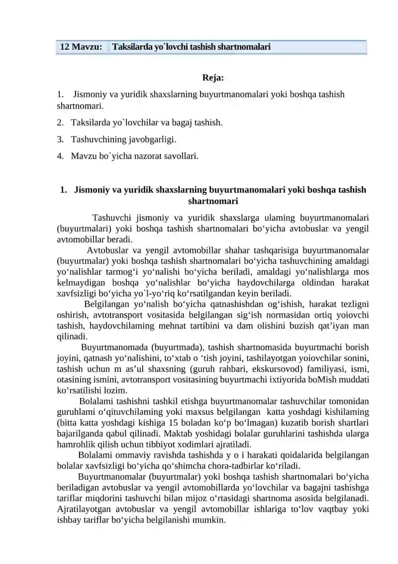 Taksilarda yo`lovchi tashish shartnomalari 3