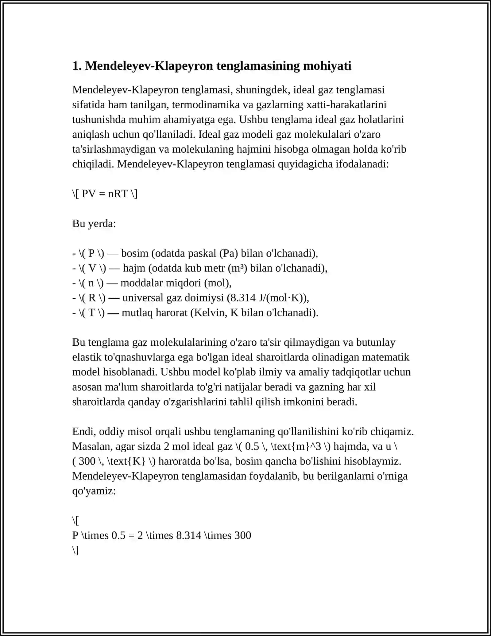 MENDELEYEV-KLAPEYRON FORMULASINI CHIQARISH 3