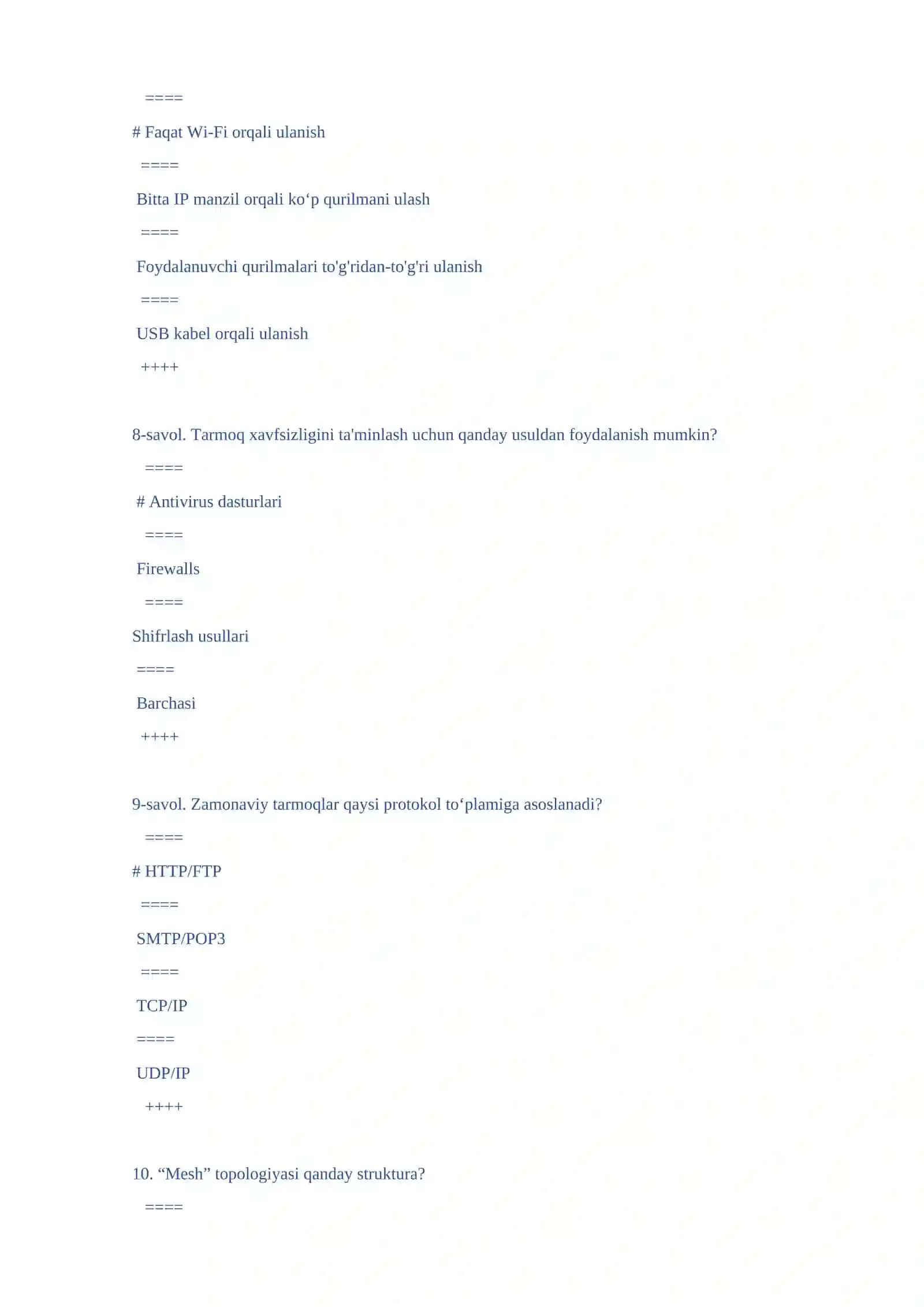 Kompyuter tarmoqlari, rejalashtirish va qurish fanidan test variantlari 3