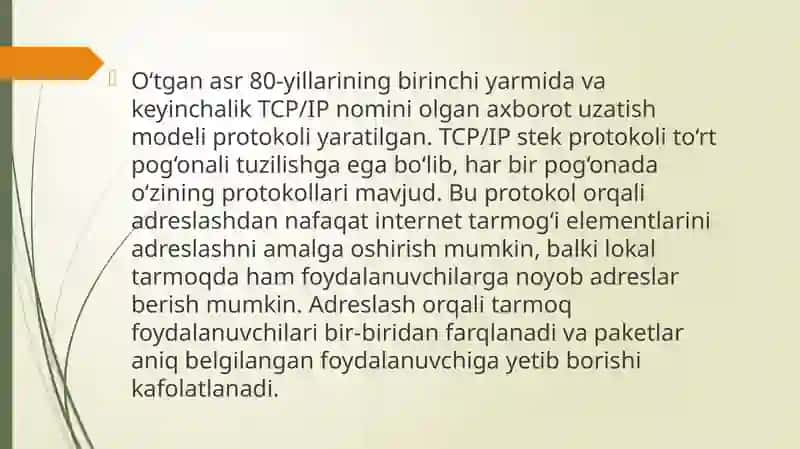 Kompyuterlar va tarmoq texnologiyalari. TCP/IP protokoli 3