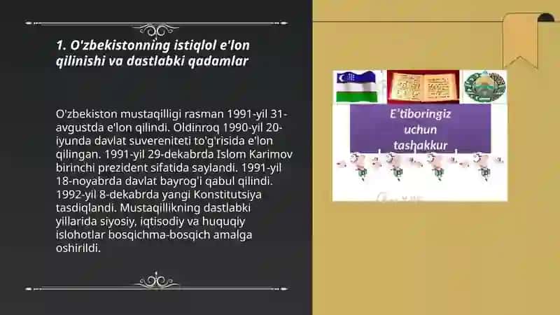 O'zbekistonning uz istiqlol va taraqqiyot yuli mavzusi 3