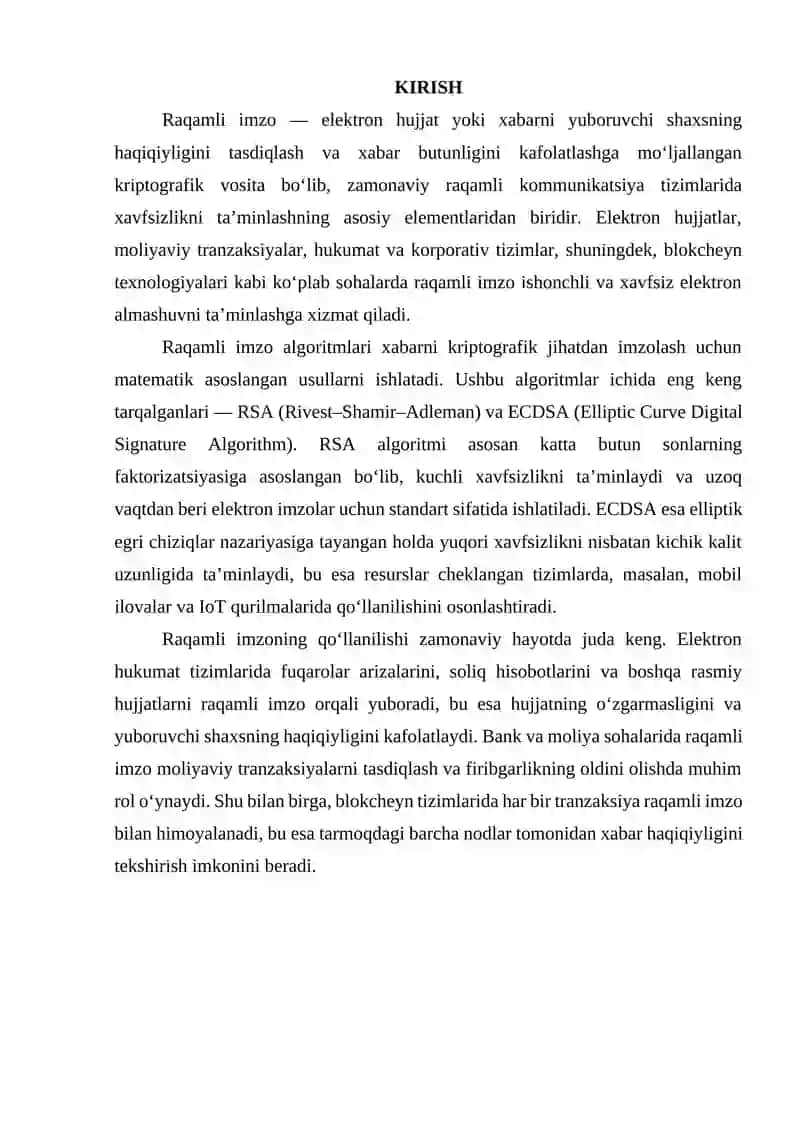 Raqamli imzo algoritmlari (RSA, ECDSA) va ularning qo‘llanilishi 3