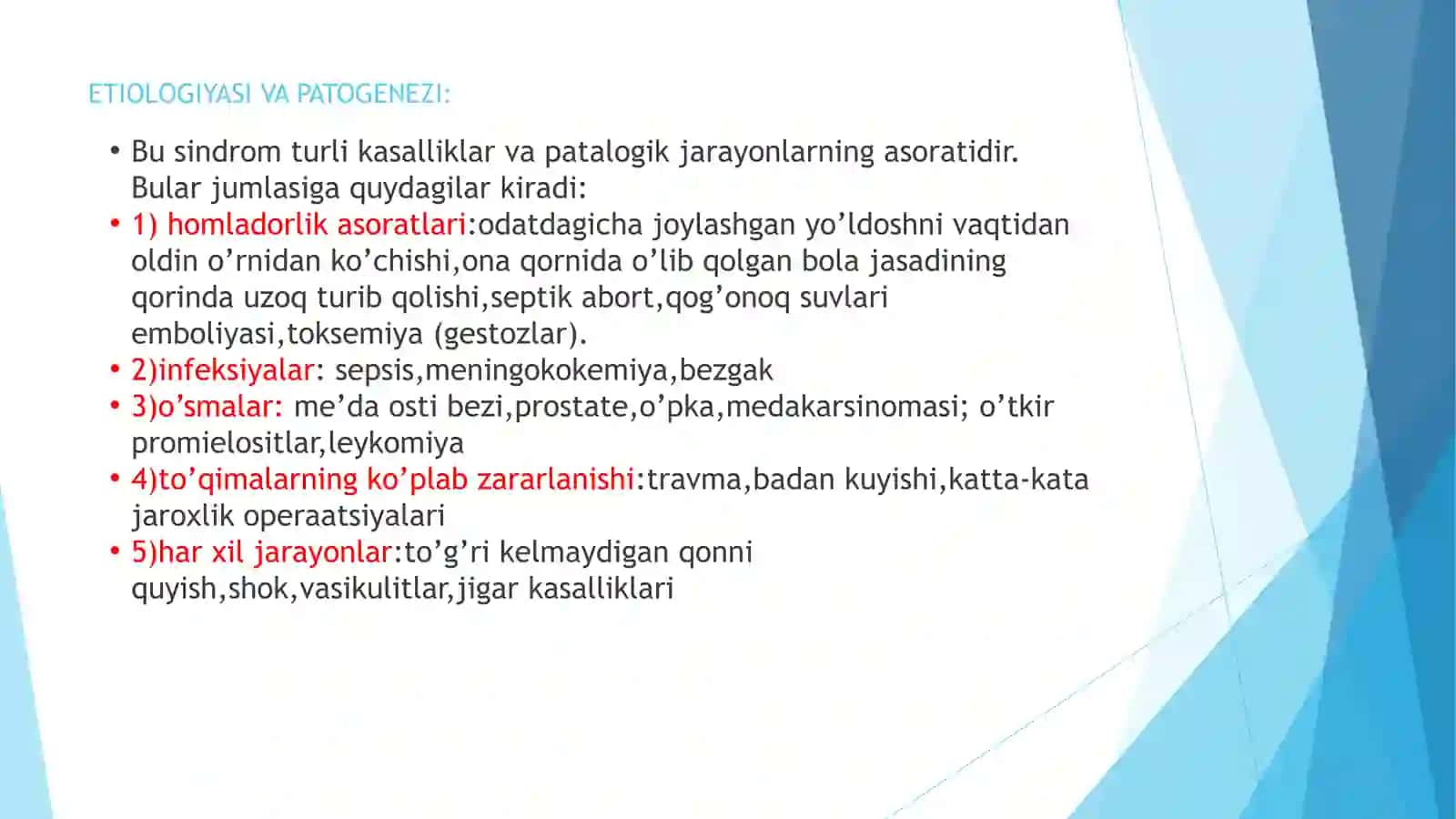 Mikrosirkulator o’zanda bir talay mayda-mayda tromblar paydo bo’lishi sindromi 3