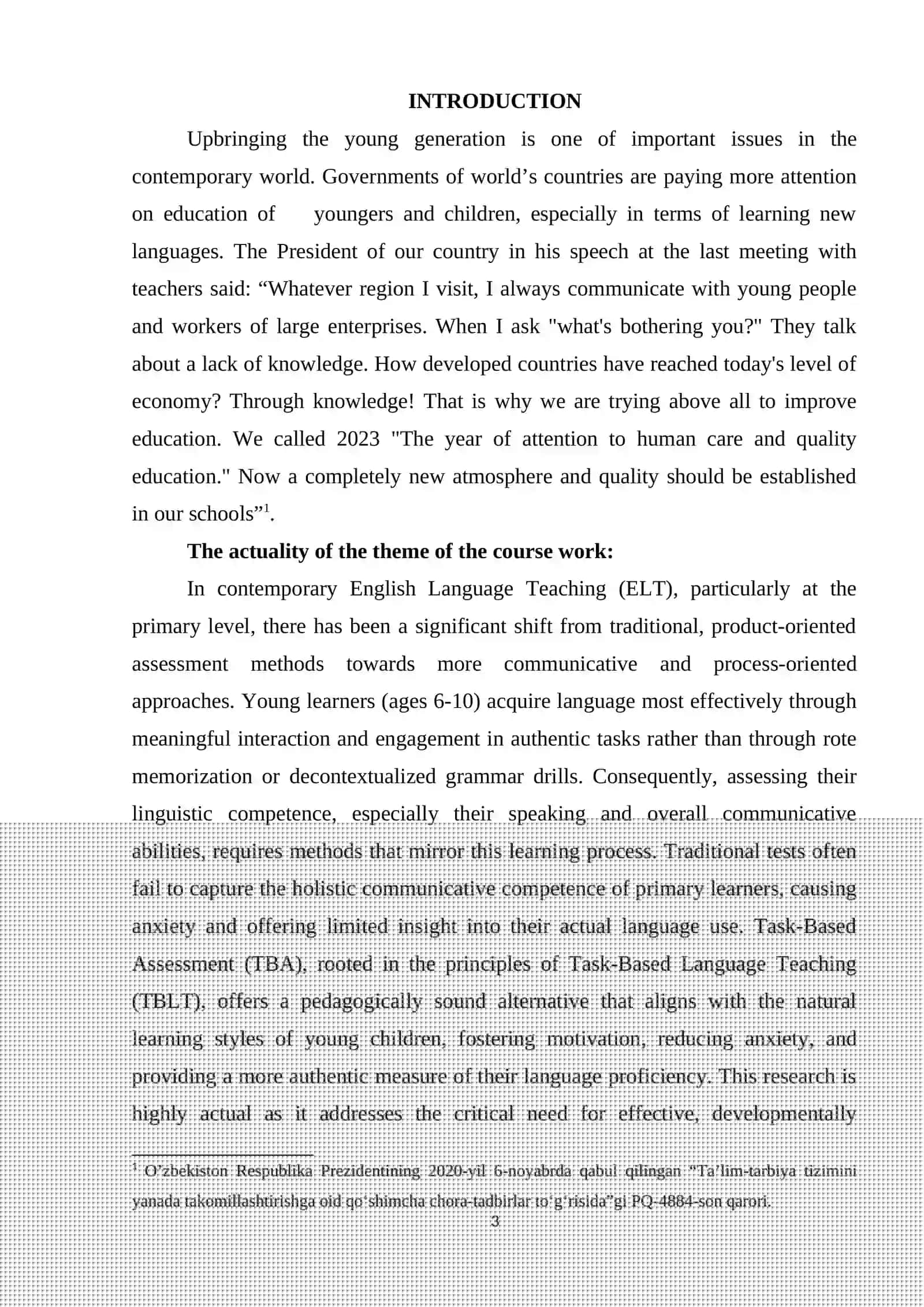 COURSE WORK THEME: TASK-BASED ASSESSMENT IN THE PRIMARY ENGLISH LANGUAGE CLASSROOM 3