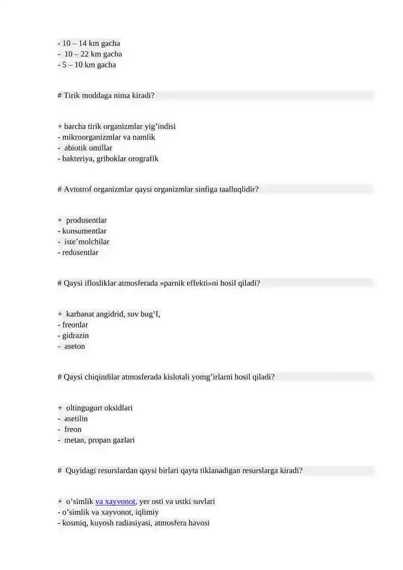 EKOLOGIYA» FANIDAN TEST SAVOLLARI 3