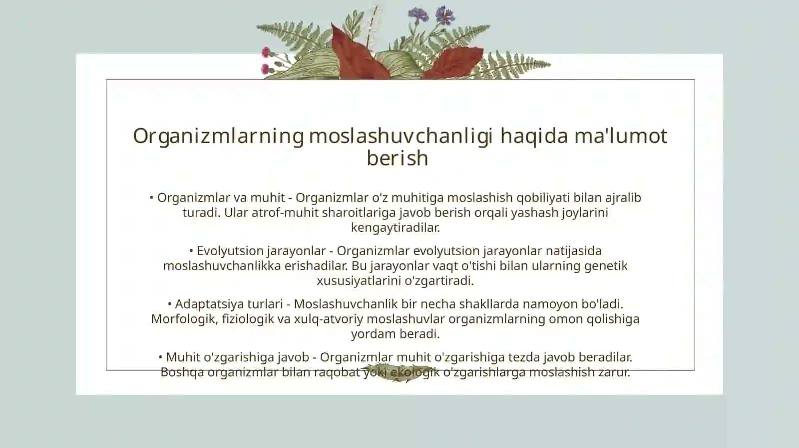 Tabiatda organizmlarning tashqi muhitga moslashuvi 3