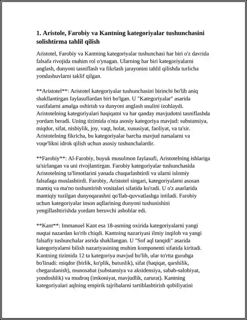 Aristote, Farobi va Kantning kategoriyalari 3