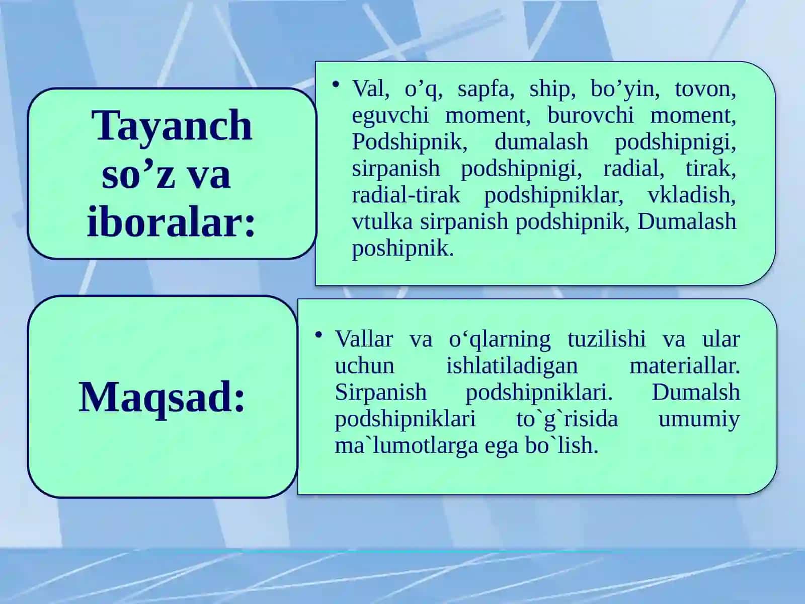 Vallar va o‘qlarning tuzilishi va ular uchun ishlatiladigan mate­ri­allar. 3