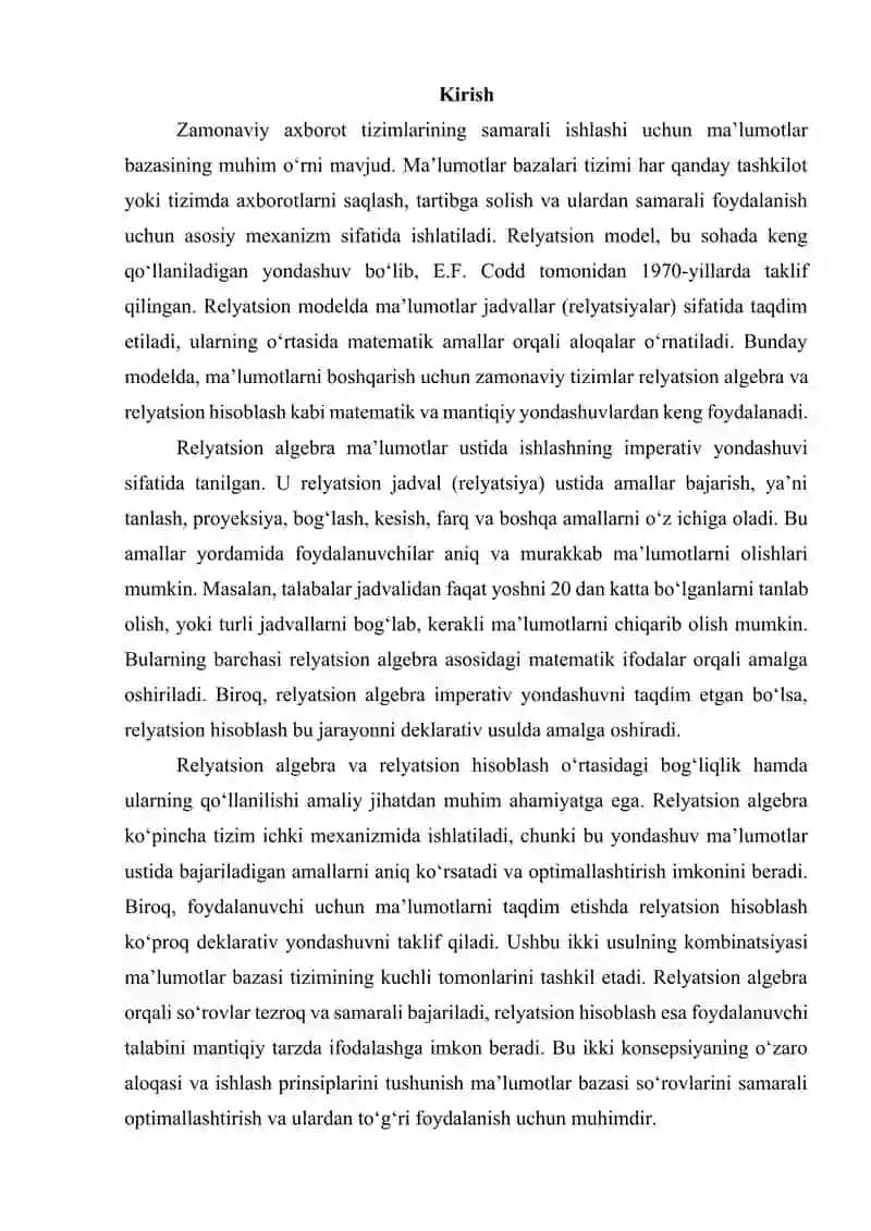 Kodd relyatsion algebra va relyatsion hisoblash elementlari 3