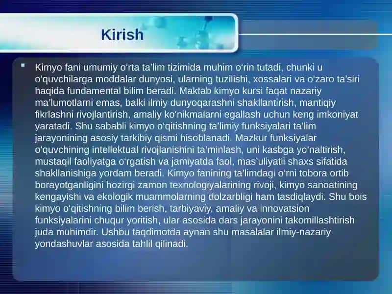 Kimyo o'qitishning ta'limiy funktsiyalari 3