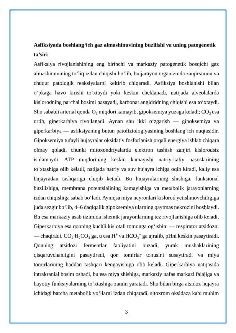 Asfiksiyaning patologik jarayon rivojlanishidagi roli 3