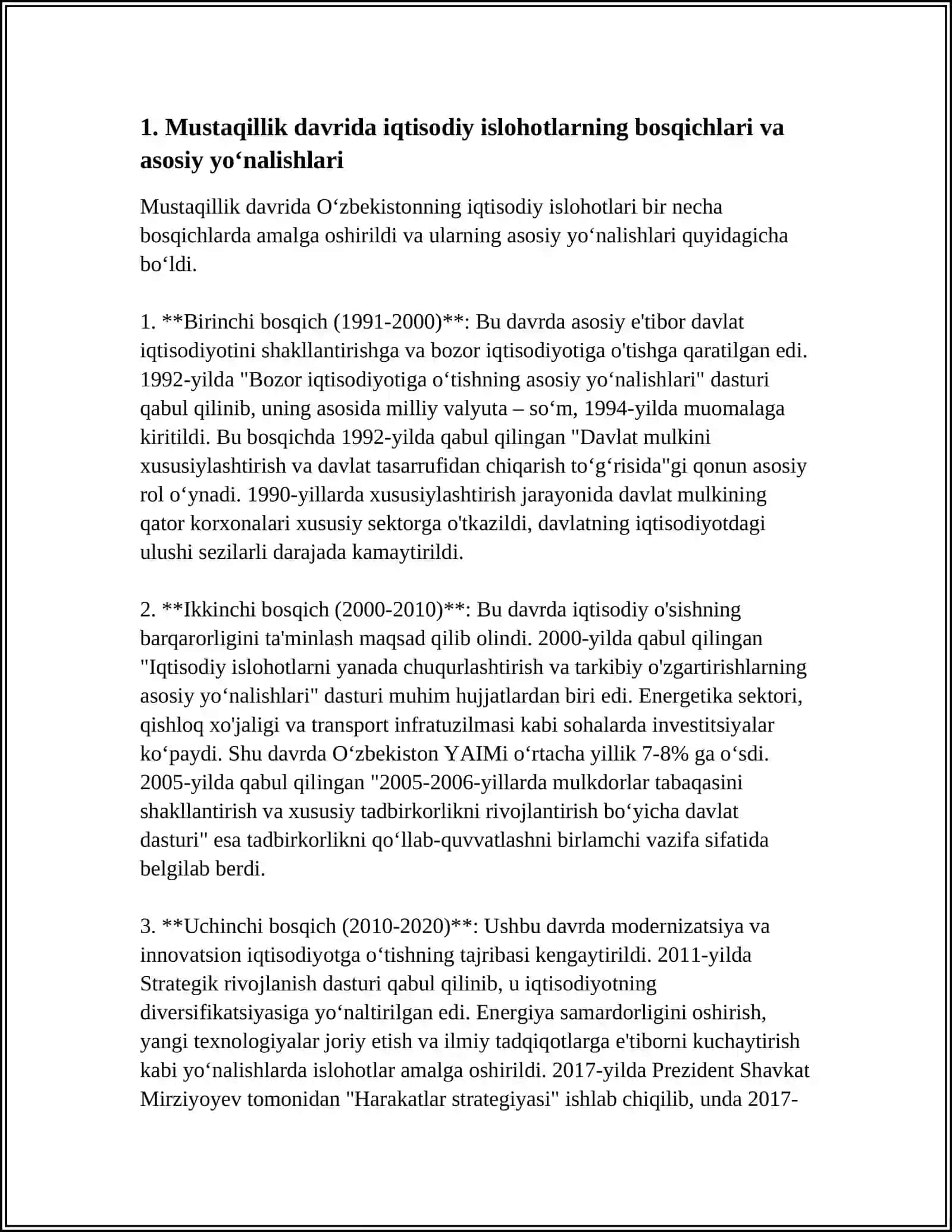 IQTISODIY ISLOHOTLAR, XUSUSIY MULKCHILIKNING SHAKLLANISHI, OʻZBEKISTONDA BOZOR MUNOSABATLARINING RIVOJLANISHI 3