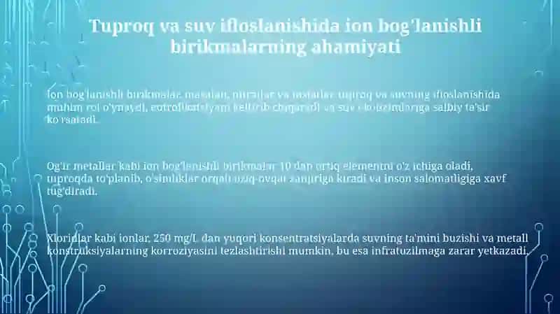Tuproq va suv ifloslanishidagi ion bogʼlanish birikmalarini aniqlash usullari 3