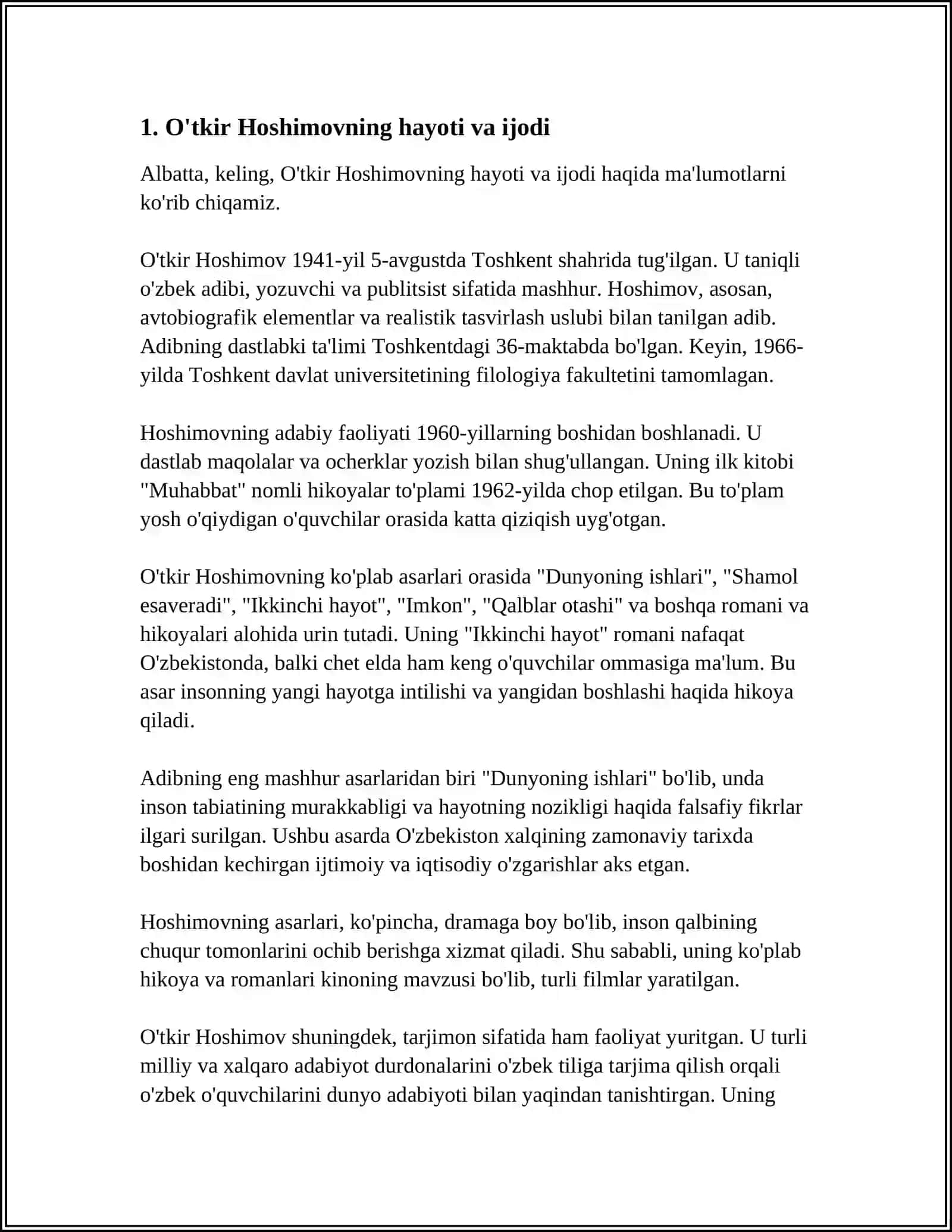 O’TKIR HOSHIMOV «DUNYONING ISHLARI» ASARI HAQIDA 3