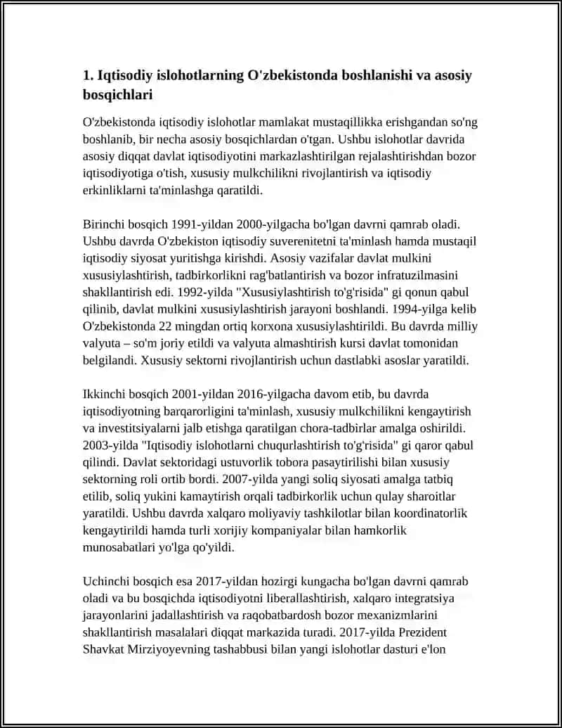 IQTISODIY ISLOHOTLAR, XUSUSIY MULKCHILIKNING SHAKLLANISHI O’ZBEKISTONDA BOZOR MUNOSABATLARINING RIVOJLANISHI 3