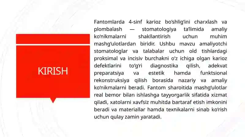 Fantomlarda 4-sinf karioz bo'shlig'ini charxlash va plombalash 3