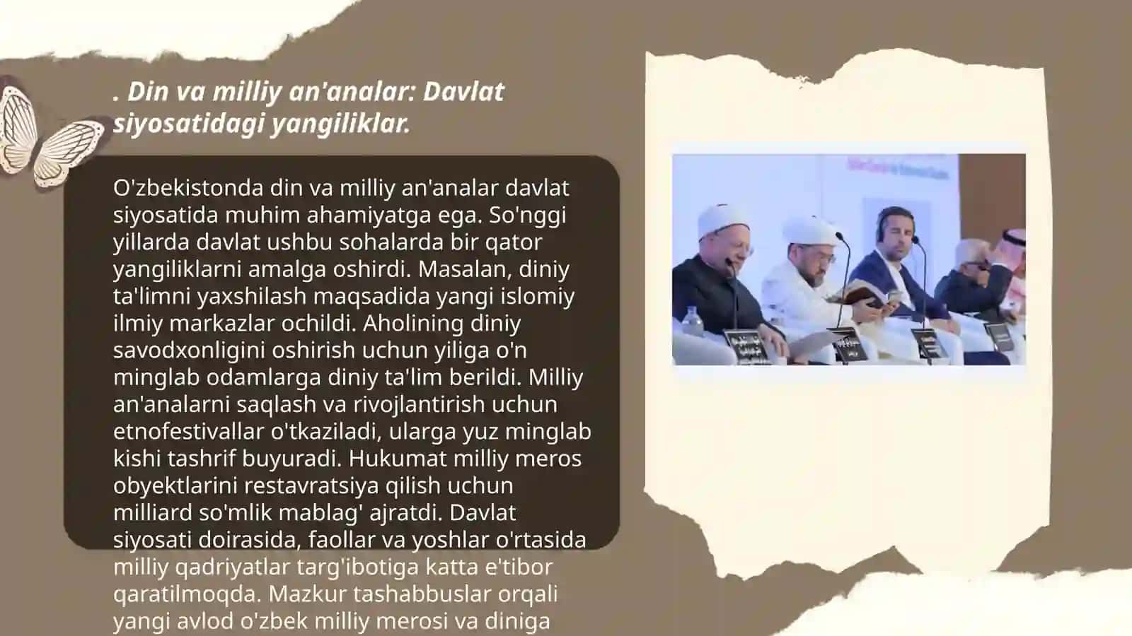 O'zbekistonda davlat siyosatida din sohasidagi islohotlar, farmonlar, qarorlarni ijrosi haqida yoritish 3