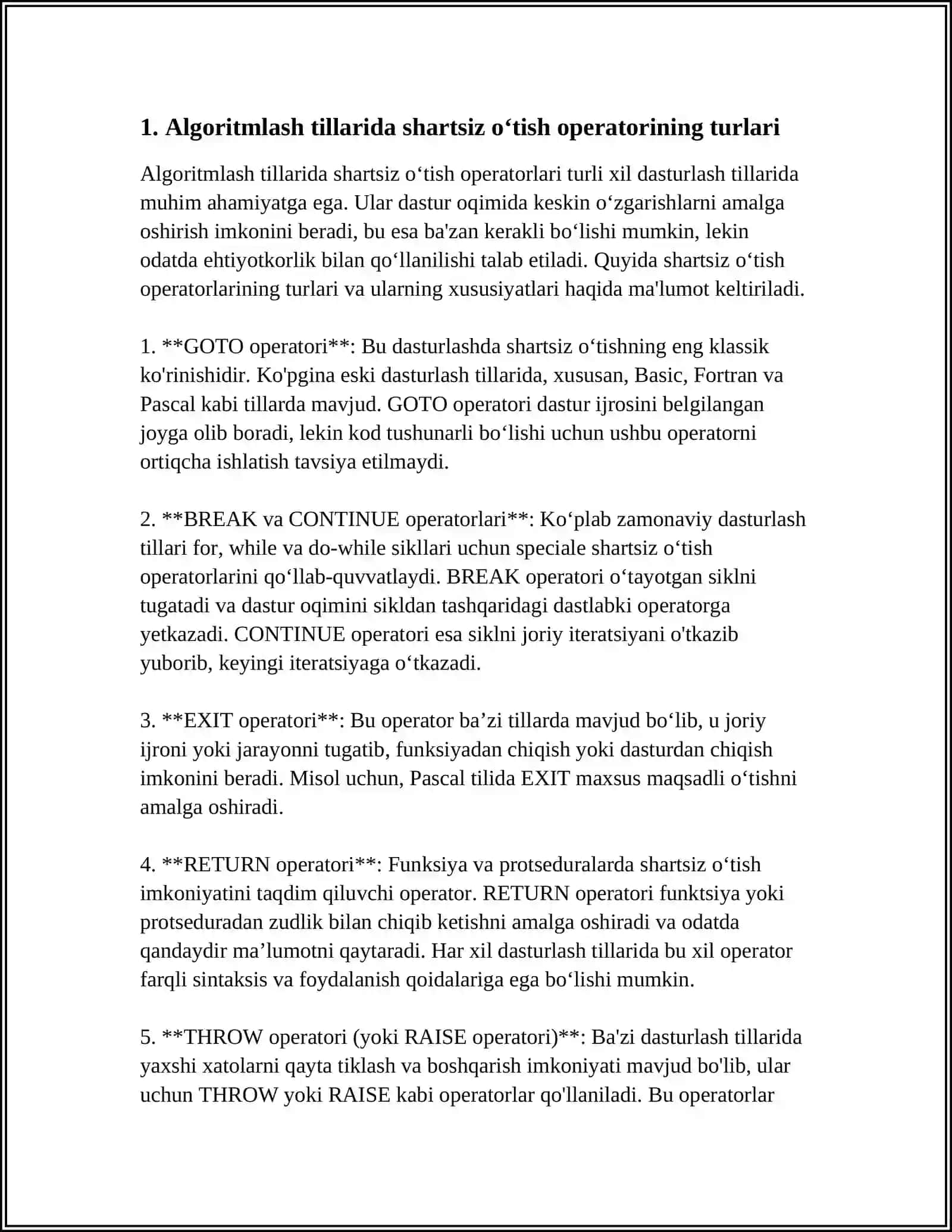 ALGORITMLASH TILIDA SHARTSIZ OʻTISH OPERATORINI QOʻLLAB DASTUR TUZISH 3
