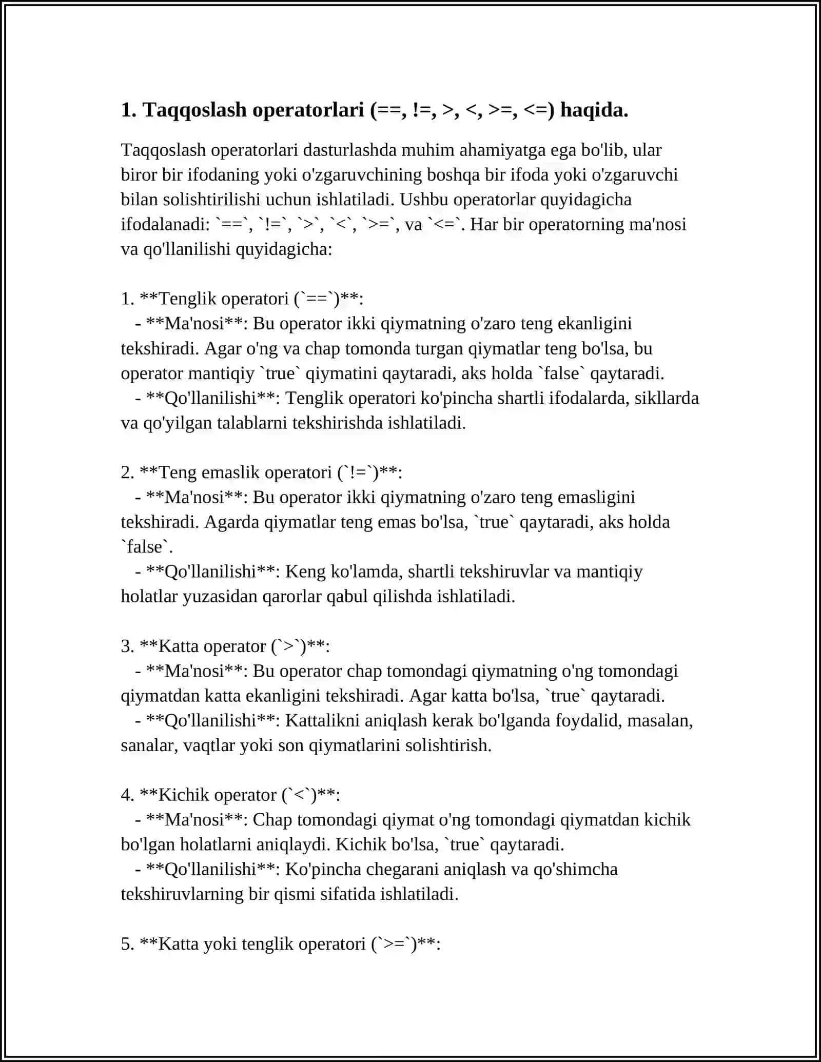 DASTURLASHDA TAQQOSLASH BUYRUQLARI (COMPARATOR)NI QOʻLLASH.DASTURLASHDA ARIFMETIK BUYRUQLARI (MATH FUNCTION) QOʻLLASH 3