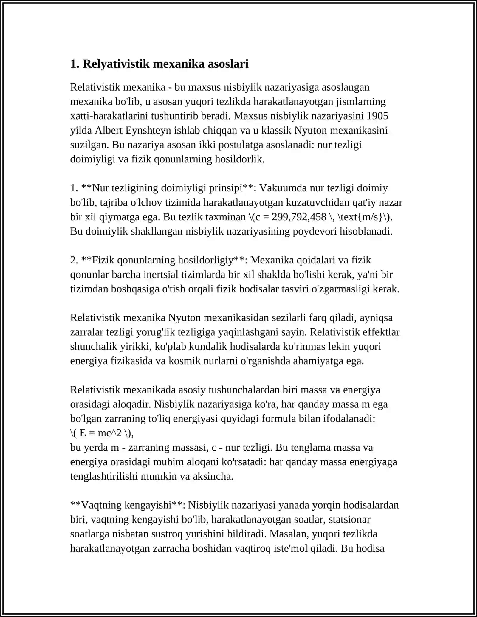 RELYATIVISTIK MEXANIKADA TEZLIKLARNI QOʻSHISH 3
