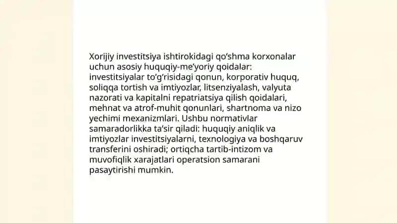 Xorijiy investitsiya ishtirokidagi qo'shma korxonalar faoliyati samaradorligini ta'minlash 3