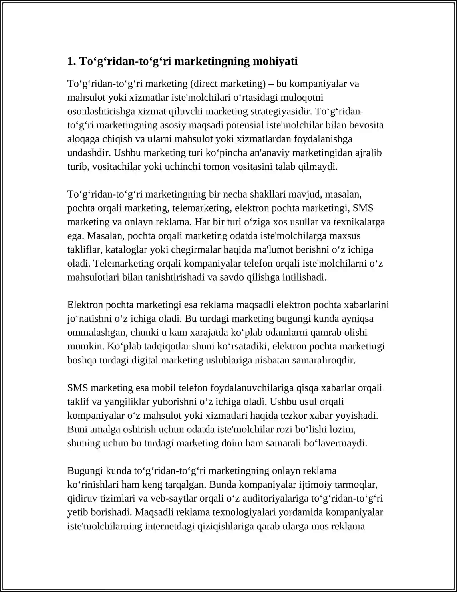 TO‘G’RIDAN-TO‘G’RI MARKETING VA KOMPYUTER TARMOQLARIDAGI MARKETING JARAYONINI TASHKIL ETISH 3