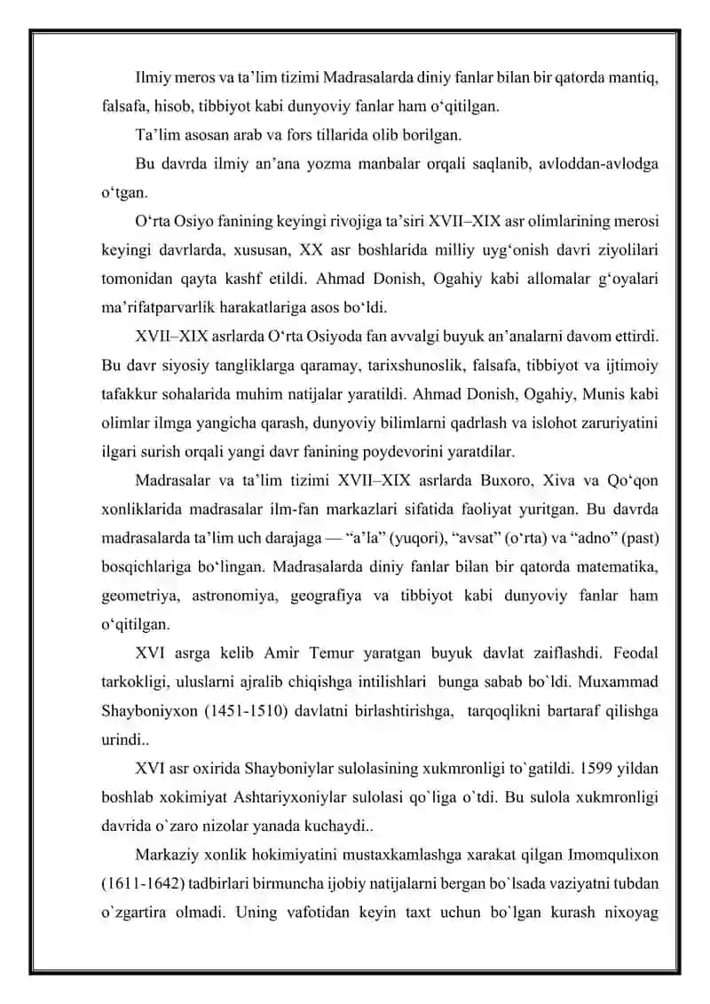 XVII -XIX ASRLARDA O‘RTA OSIYODA FAN 3