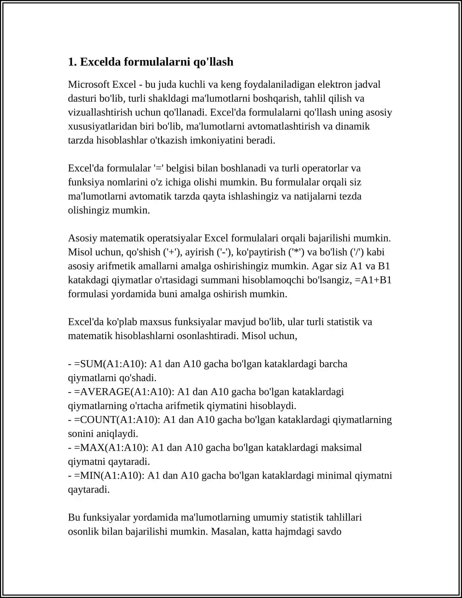 EXCEL DASTURIDA TURLI HISOBOTLAR TAYYORLASH 3