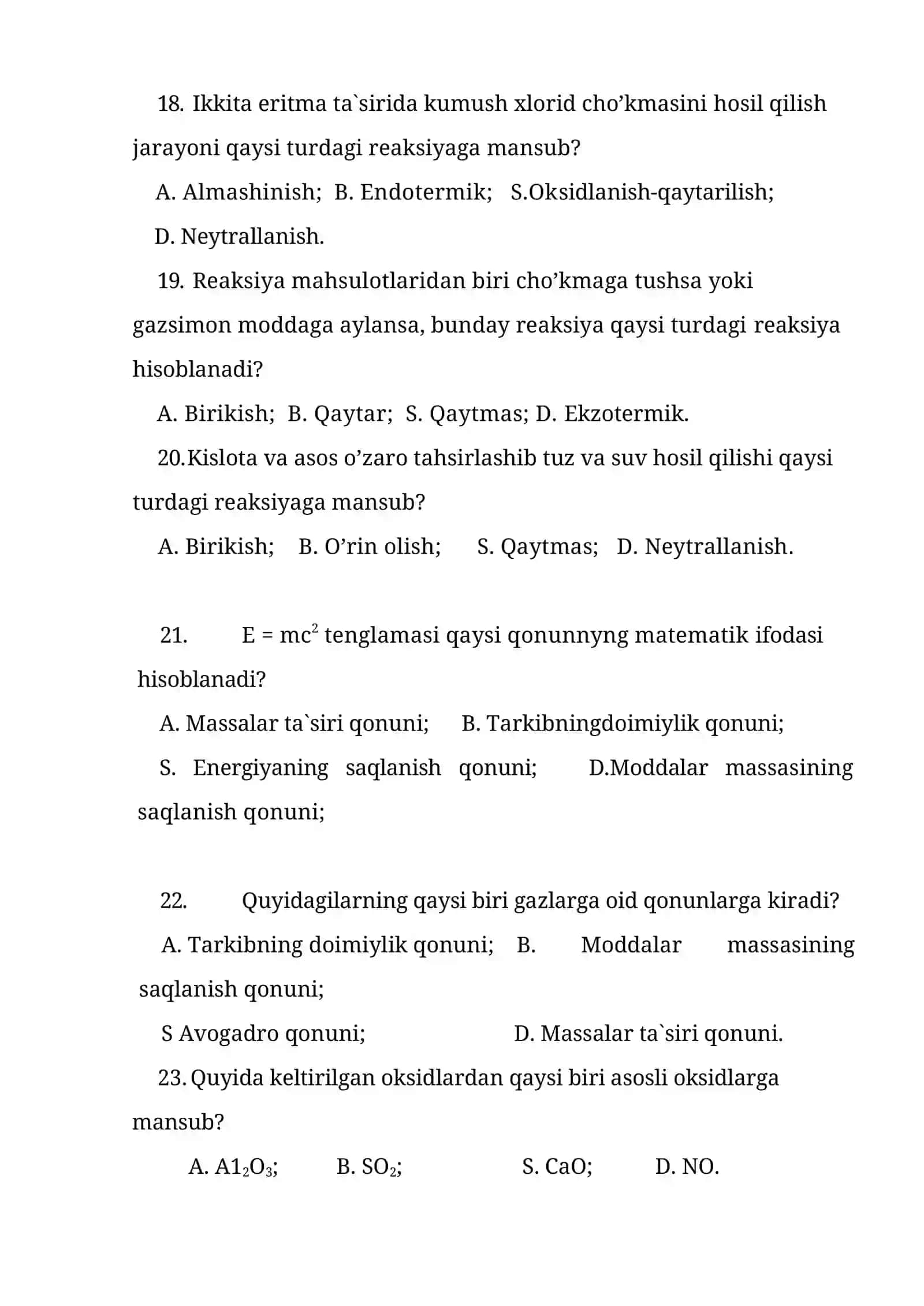 Kimyodan test savollari 3