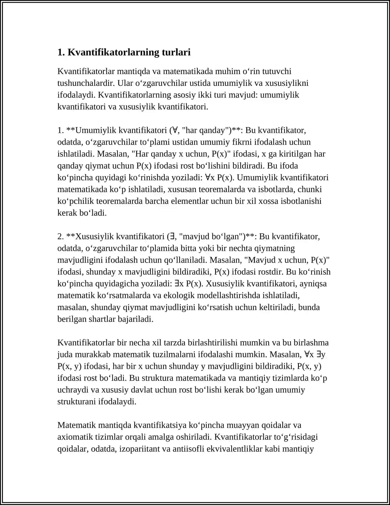 MUSTAQIL ISH Mavzu: KVANTIFIKATORLAR 3